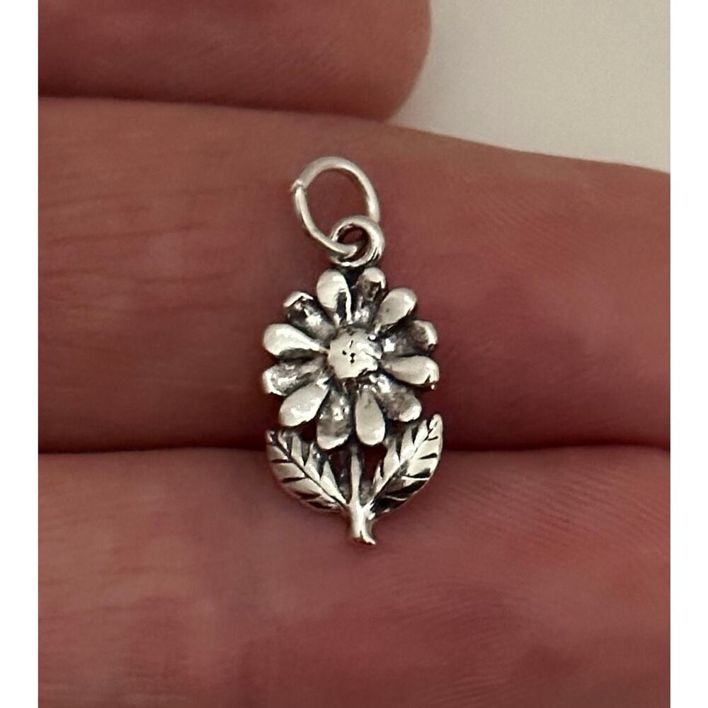 Sterling Silver Flower With Stem And Leaves Charm, Silver Flower And Stem Charm